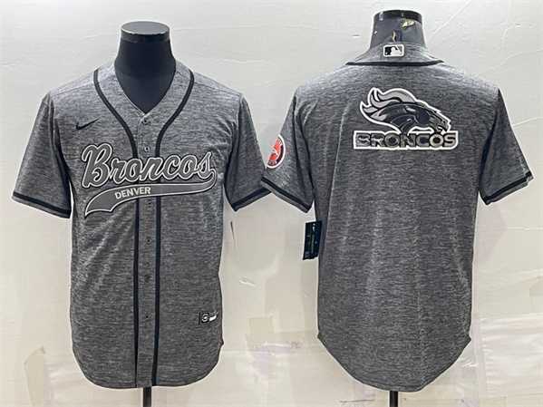 Men%27s Denver Broncos Gray Team Big Logo With Patch Cool Base Stitched Baseball Jersey